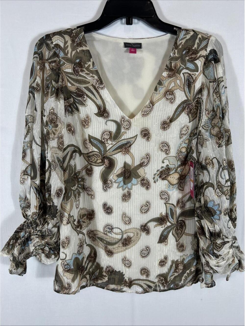 $89 Vince Camuto Women Boho Paisley Cottagecore Metallic Top Small Beige Chic